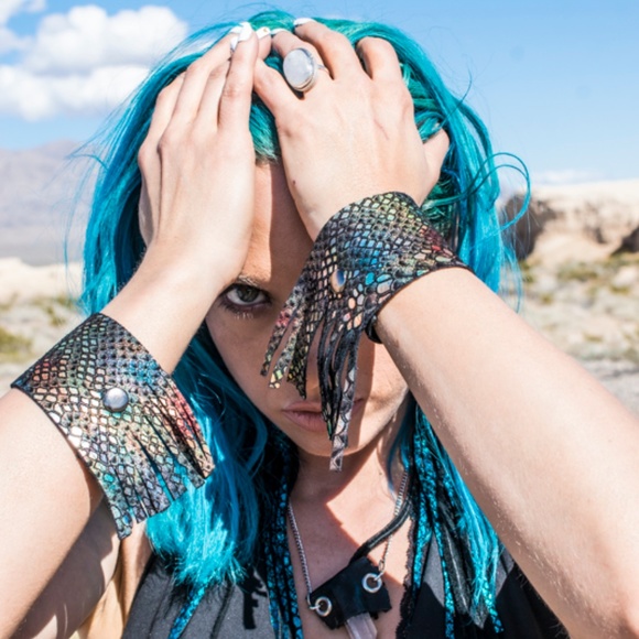 Multi Print Mermaid Leather Fringe Boho Cuff - Picture 5 of 5